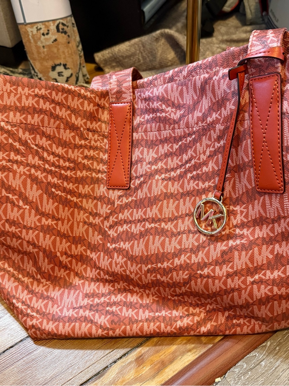 Michael Kors Coral-Red MK Logo Tote with Gold Accent - Picture 3 of 16